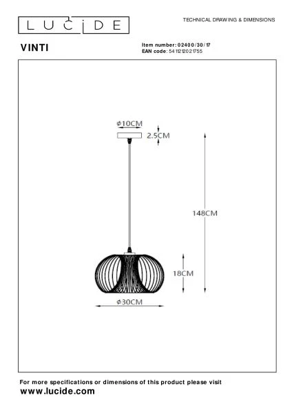 Lucide VINTI - Hanglamp - Ø 30 cm - 1xE27 - Koper - technisch
